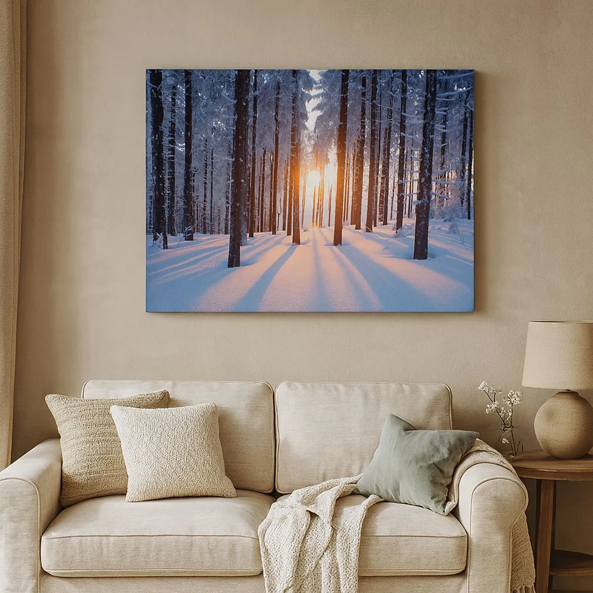 Schilderen op canvas - Winterbos verlicht door de zonnestralen - 70x50cm - Duidelijk in zwart-wit - Moderne wanddecoratie voor woonkamer en slaapkamer ARTTOR