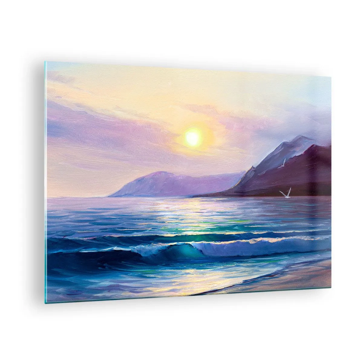 Schilderen op glas - Een schilderachtige zonsondergang over de kalme zee en de bergen - 70x50cm - Water en luchtkristal - Moderne wanddecoratie voor woonkamer en slaapkamer ARTTOR