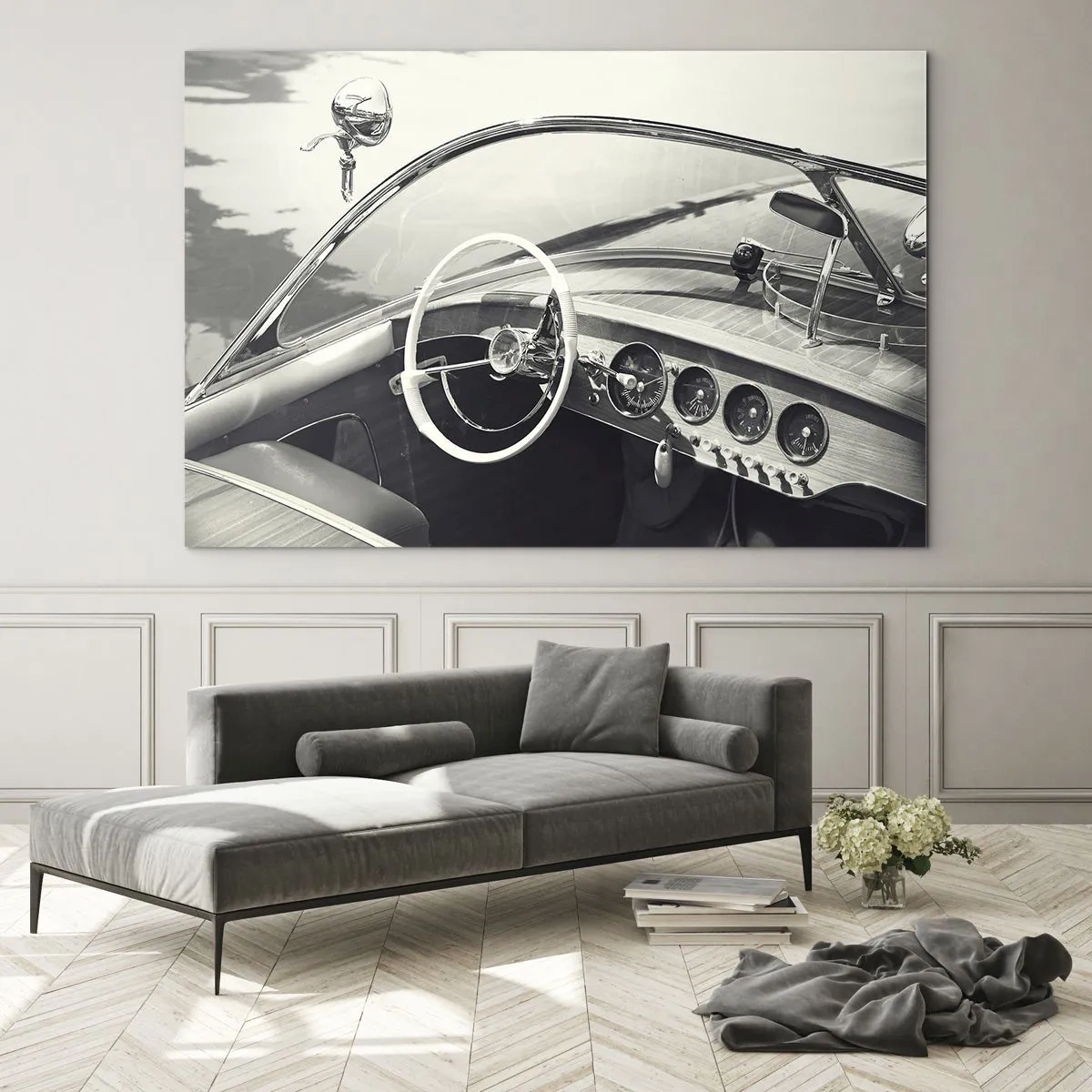 Schilderen op glas - Klassieke autocockpit in zwart-wit - 70x50cm - Weer voor de rijken - Moderne wanddecoratie voor woonkamer en slaapkamer ARTTOR