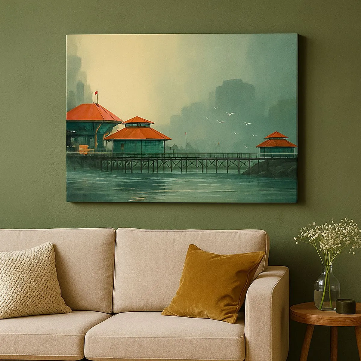 Schilderen op canvas - Havengebouwen in een regenachtig landschap met meeuwen - 70x50cm - Een zonnige dag in de haven - Moderne wanddecoratie voor woonkamer en slaapkamer ARTTOR