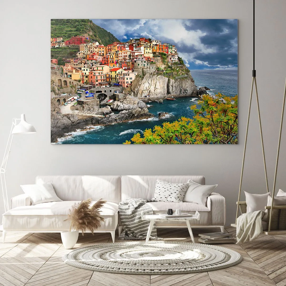 Schilderen op glas - Een kleurrijk stadje op een klif aan de zee - 70x50cm - Een groepje geklampt an de rots - Moderne wanddecoratie voor woonkamer en slaapkamer ARTTOR