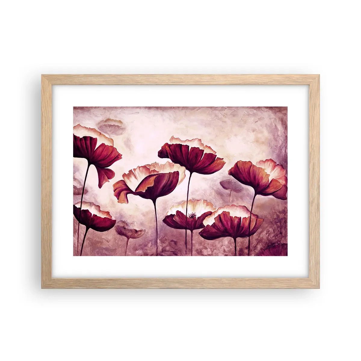Een poster in een licht eiken lijst - Rood en wit bloemblad - 40x30 cm