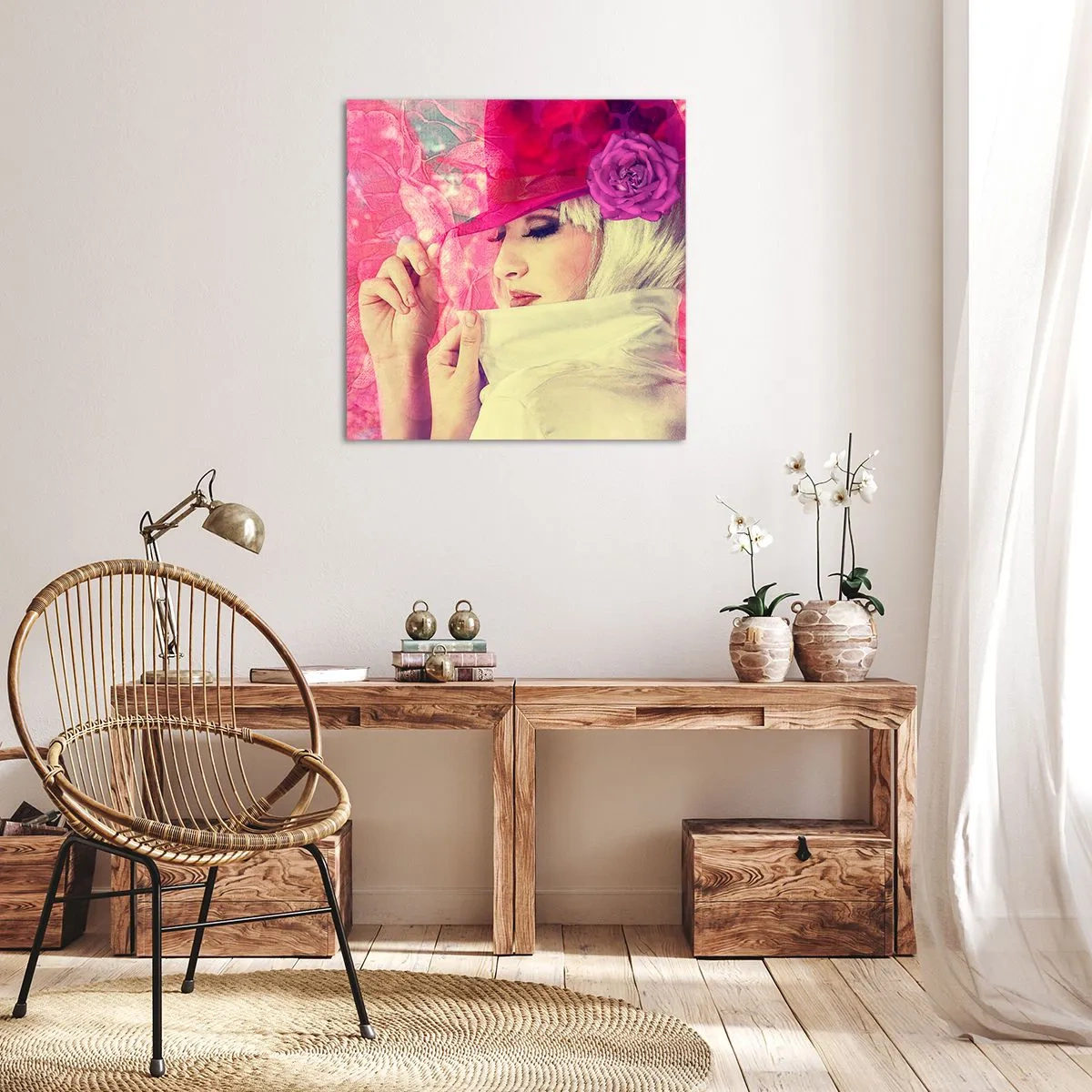 Schilderen op canvas - Retro portret in een roze mist - 50x50 cm