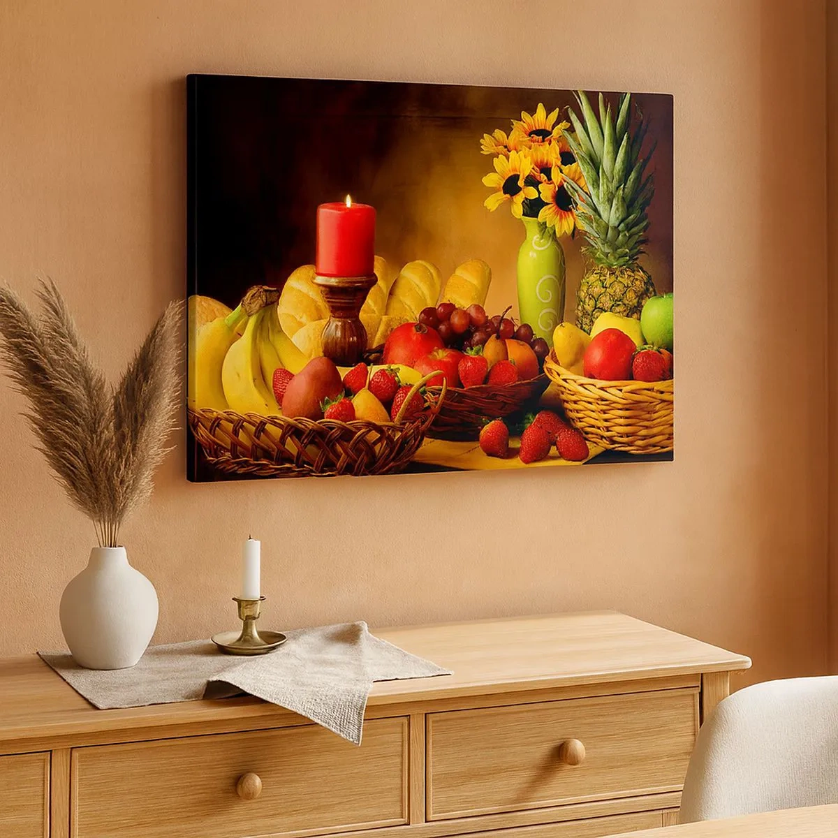 Schilderen op canvas - Stilleven met fruit, brood, kaars en bloemen - 70x50cm - Stilleven met brood en fruit - Moderne wanddecoratie voor woonkamer en slaapkamer ARTTOR