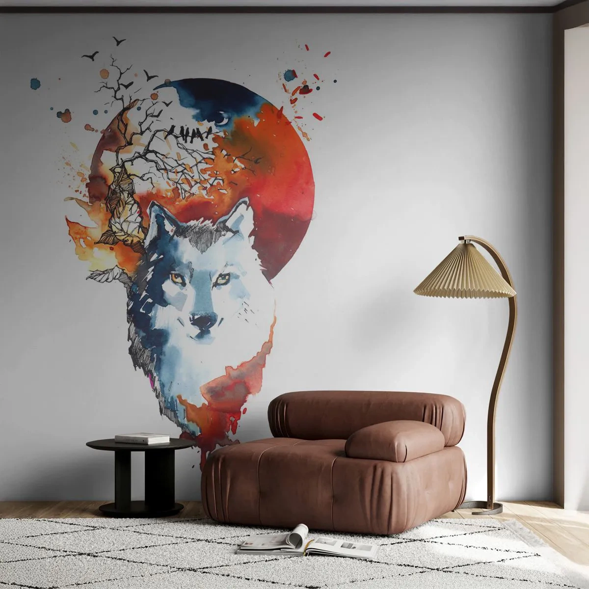 Zelfklevend Fotobehang Deluxe Sticker - Neus aan neus met de nacht - Abstractie, Dieren, Wolf - 250x175 cm