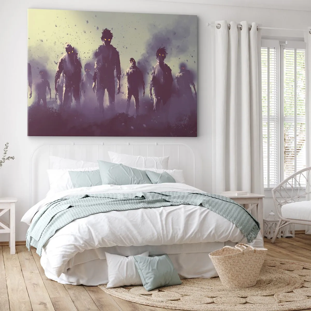 Schilderen op canvas - Donkere scène met silhouetten met gele ogen - 70x50cm - Wees voorzichtig! Ze komen er aan - Moderne wanddecoratie voor woonkamer en slaapkamer ARTTOR