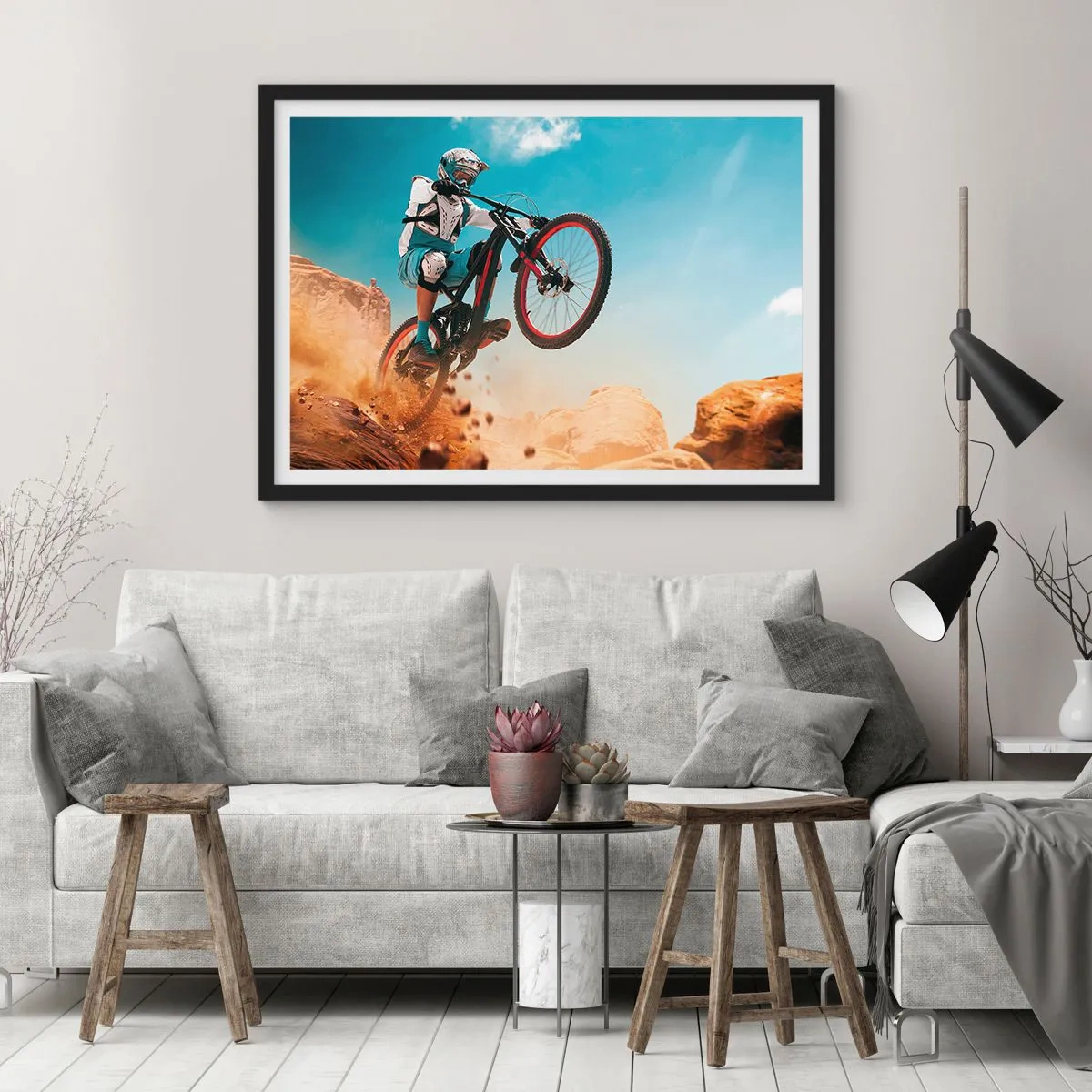 Poster in een zwarte lijst - Fiets waanzin demon - 100x70 cm