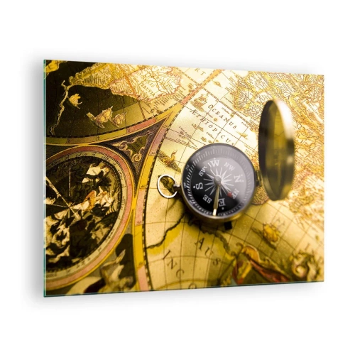 Schilderen op glas - Een gouden kaart met een kompas als avontuurlijk accent - 70x50cm - Of misschien naar het einde van de wereld? - Moderne wanddecoratie voor woonkamer en slaapkamer ARTTOR