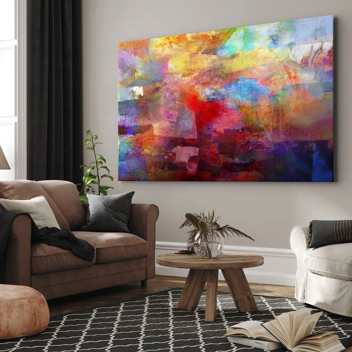 Schilderen op canvas - Kleurrijke abstractie in warme en koele tinten - 70x50cm - Kijk in de regenboog - Moderne wanddecoratie voor woonkamer en slaapkamer ARTTOR