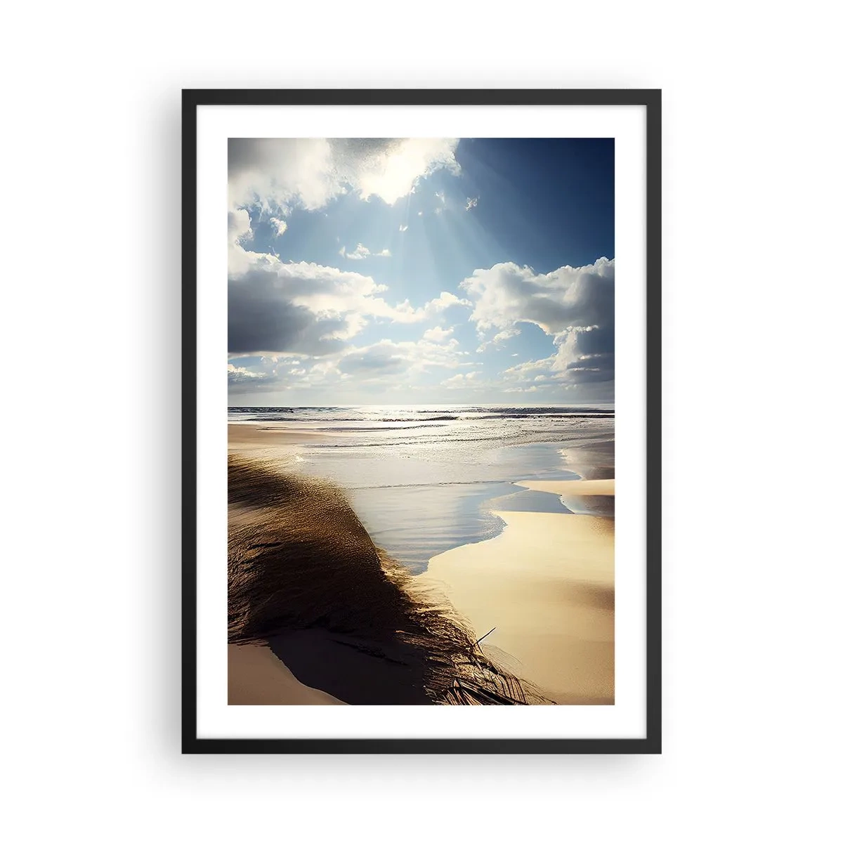 Poster in een zwarte lijst - Strand bij zonsondergang met golven en wolken - 50x70cm - Strand, wild strand - Moderne wanddecoratie voor woonkamer en slaapkamer ARTTOR