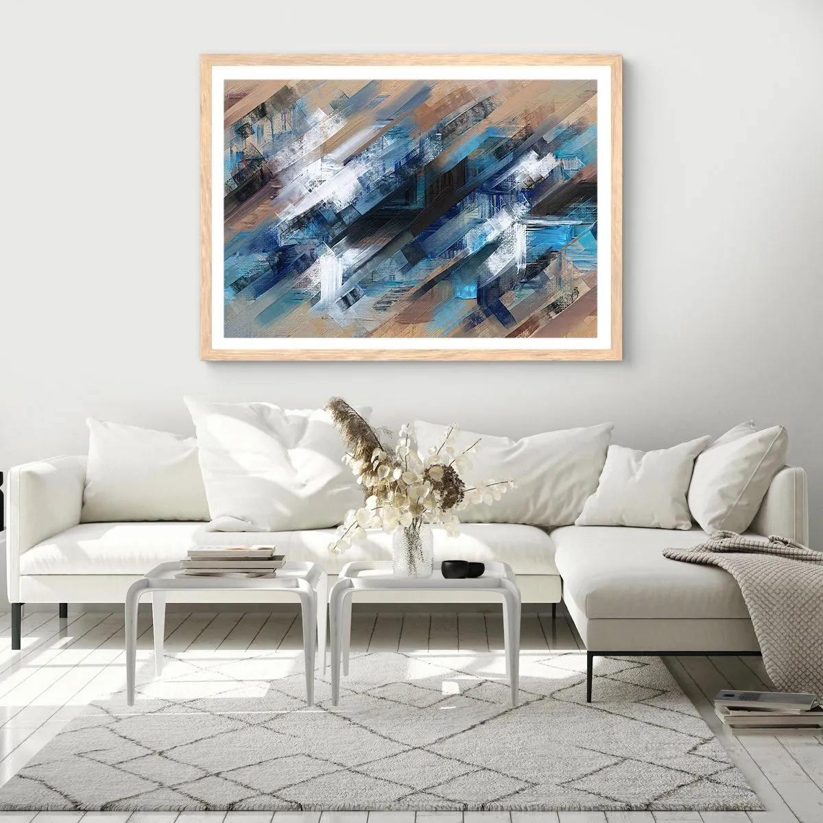 Een poster in een licht eiken lijst - Op een blauwe diagonaal - 100x70 cm