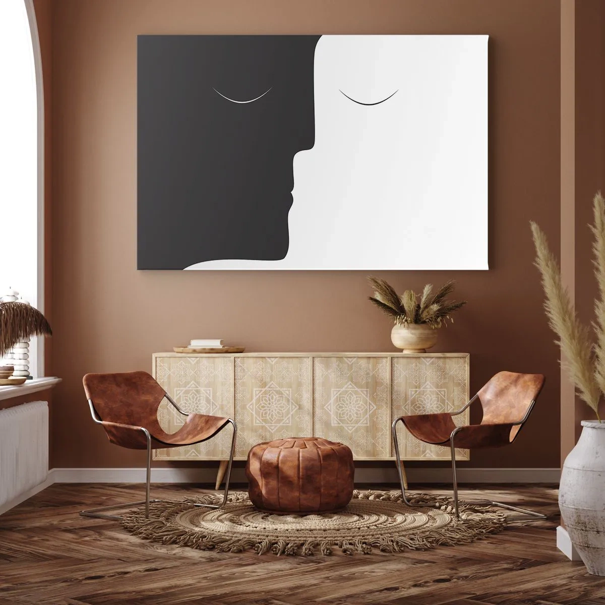 Schilderen op canvas - Een minimalistisch silhouet van twee gezichten in contrasterende kleuren. - 70x50cm - Eenheid van tegenstellingen - Moderne wanddecoratie voor woonkamer en slaapkamer ARTTOR