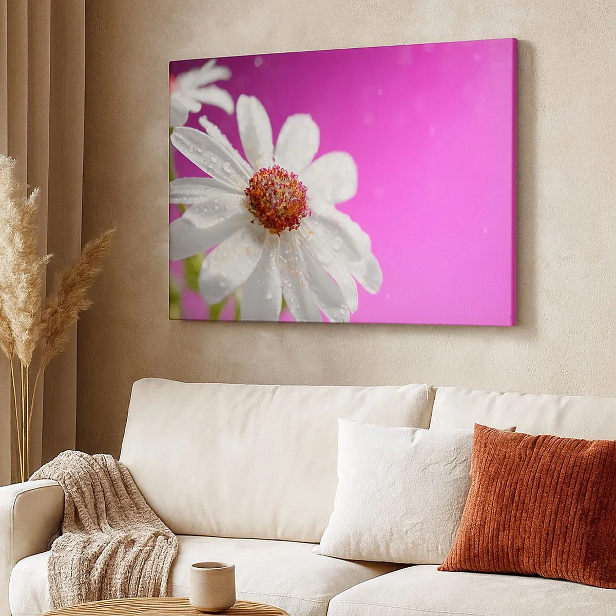 Schilderen op canvas - Een witte madelief bedekt met waterdruppels op een roze achtergrond - 70x50cm - Bescheiden in zijn schoonheid - Moderne wanddecoratie voor woonkamer en slaapkamer ARTTOR