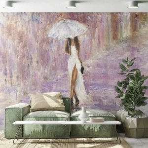 Fotobehang Standard Eco - In de lila regen - Vrouw, Mode, Lopen in de regen - 400x280 cm