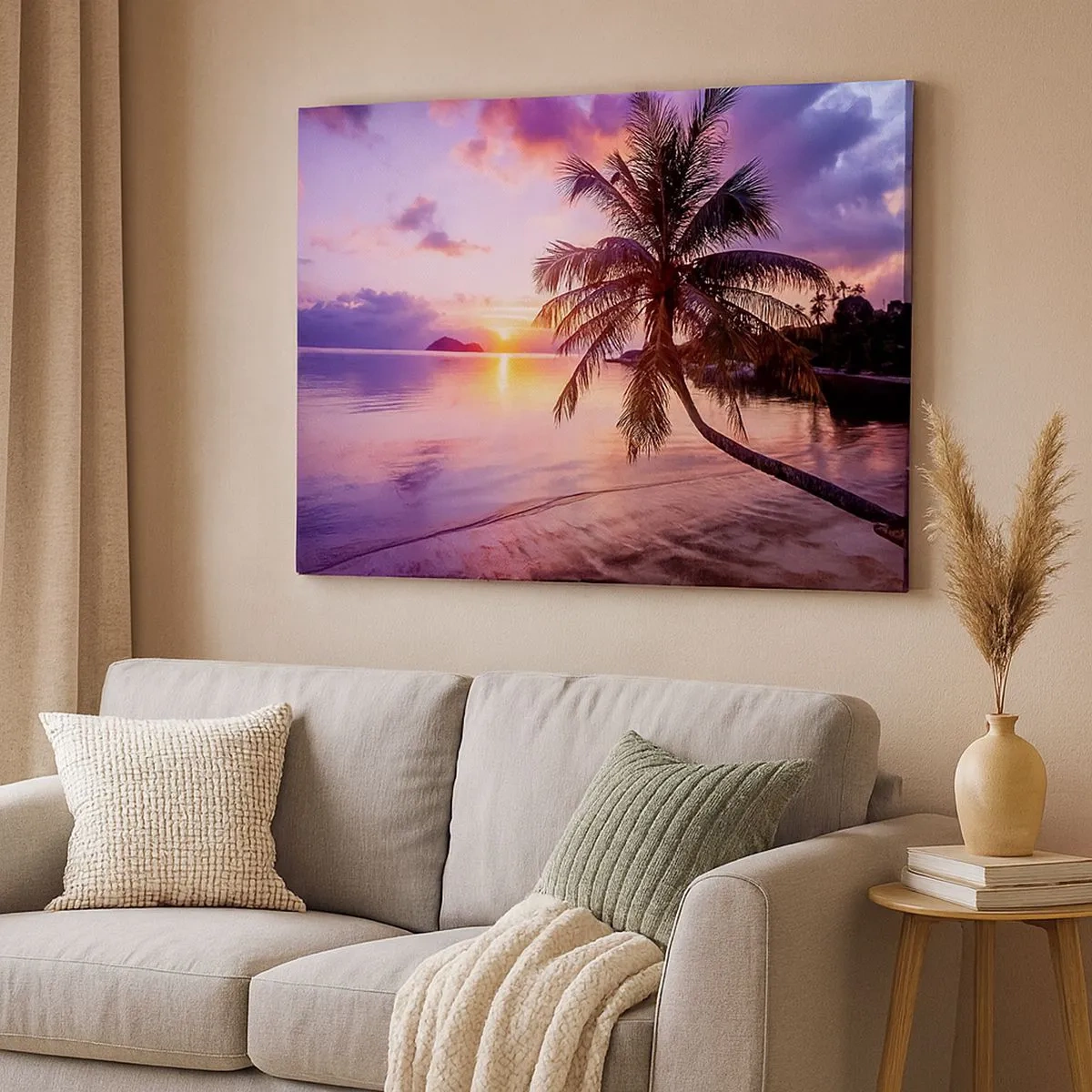 Schilderen op canvas - Tropisch strand met palmboom bij zonsondergang - 70x50cm - Geluk tot aan de horizon - Moderne wanddecoratie voor woonkamer en slaapkamer ARTTOR