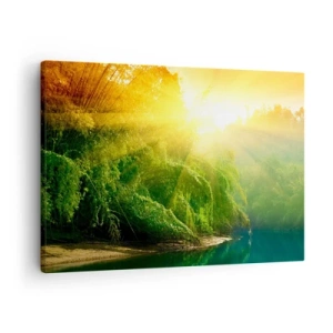 Schilderen op canvas - Een groen bos aan de rivier, verlicht door de stralen van de opkomende zon - 70x50cm - Verdrinken in de zon en schaduw - Moderne wanddecoratie voor woonkamer en slaapkamer ARTTOR