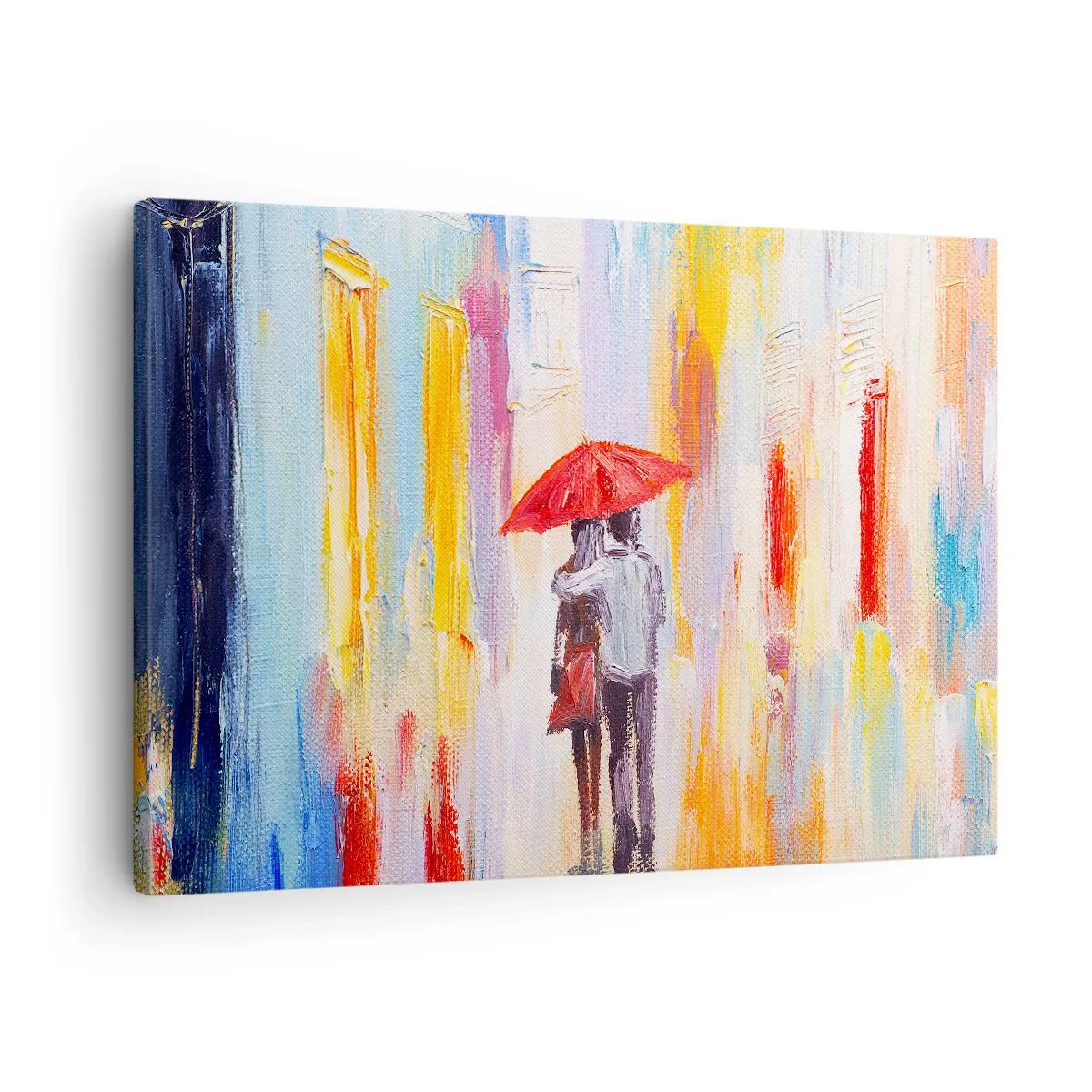 Schilderen op canvas - Een stel onder een rode paraplu met kleurrijke gebouwen op de achtergrond. - 70x50cm - Laat het maar regenen - Moderne wanddecoratie voor woonkamer en slaapkamer ARTTOR