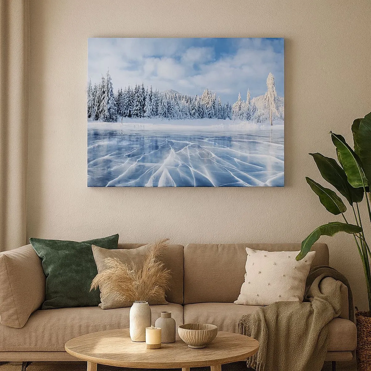 Schilderen op canvas - Een bevroren meer omgeven door een met sneeuw bedekt bos - 70x50cm - Een oogverblindend en kristalhelder uitzicht - Moderne wanddecoratie voor woonkamer en slaapkamer ARTTOR