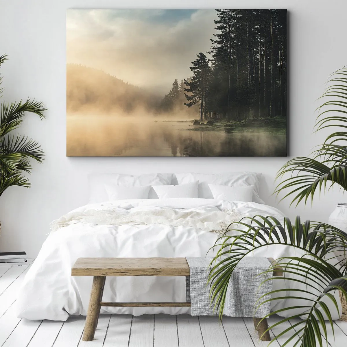 Schilderen op canvas - Een mistig bos boven een kalm meer - 70x50cm - De geboorte van de dag - Moderne wanddecoratie voor woonkamer en slaapkamer ARTTOR