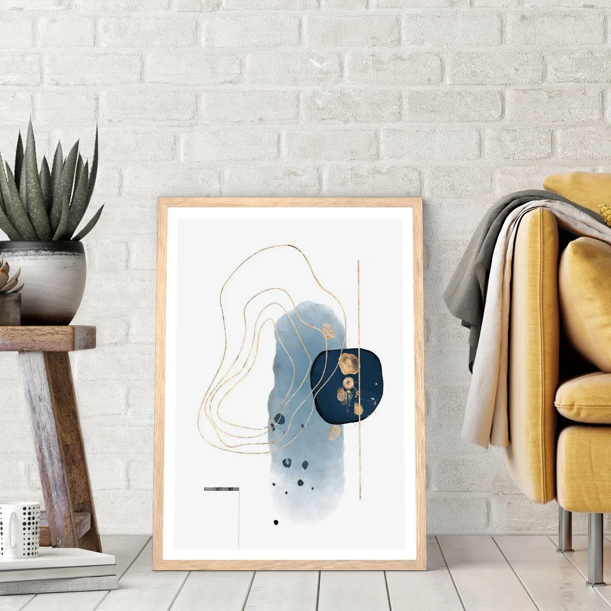 Een poster in een licht eiken lijst - Blauw en goud fantasie - 70x100 cm