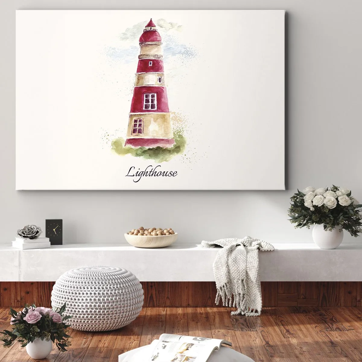 Schilderen op canvas - Een aquarel van een vuurtoren op een lichte achtergrond met een inscriptie - 70x50cm - Er is altijd goed weer in de buurt - Moderne wanddecoratie voor woonkamer en slaapkamer ARTTOR