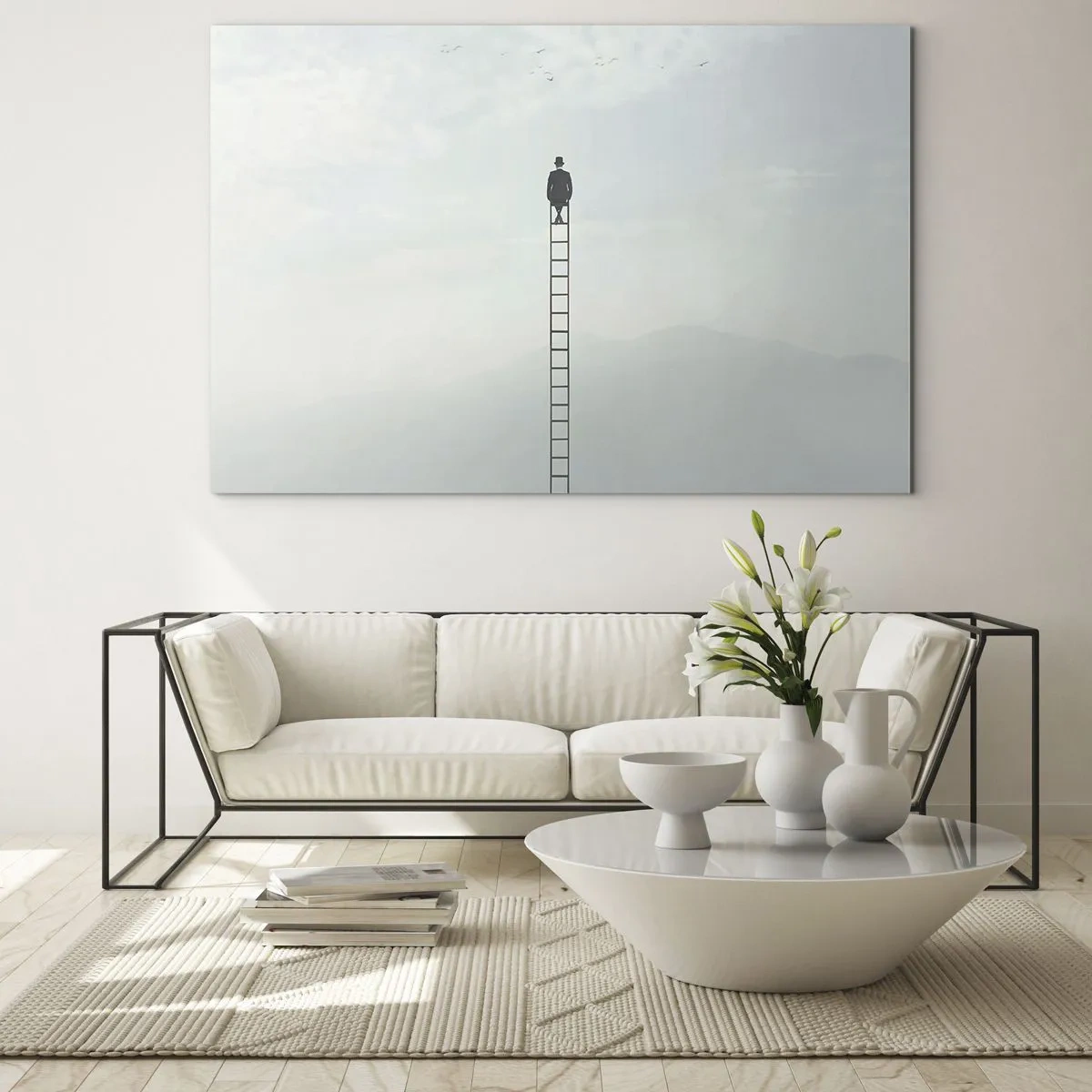 Schilderen op glas - Silhouet van een man bovenaan een ladder in de wolken - 70x50cm - Stap verder op! - Moderne wanddecoratie voor woonkamer en slaapkamer ARTTOR