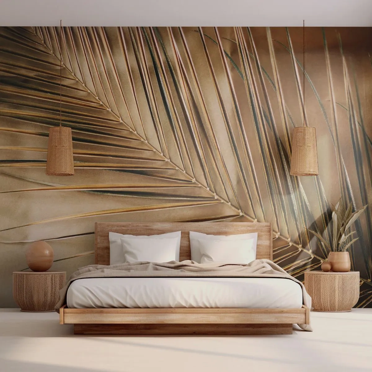 Fotobehang Premium Sand - Natuurlijke zuilengalerij - Palmblad, Grafisch, Tropen - 100x70 cm