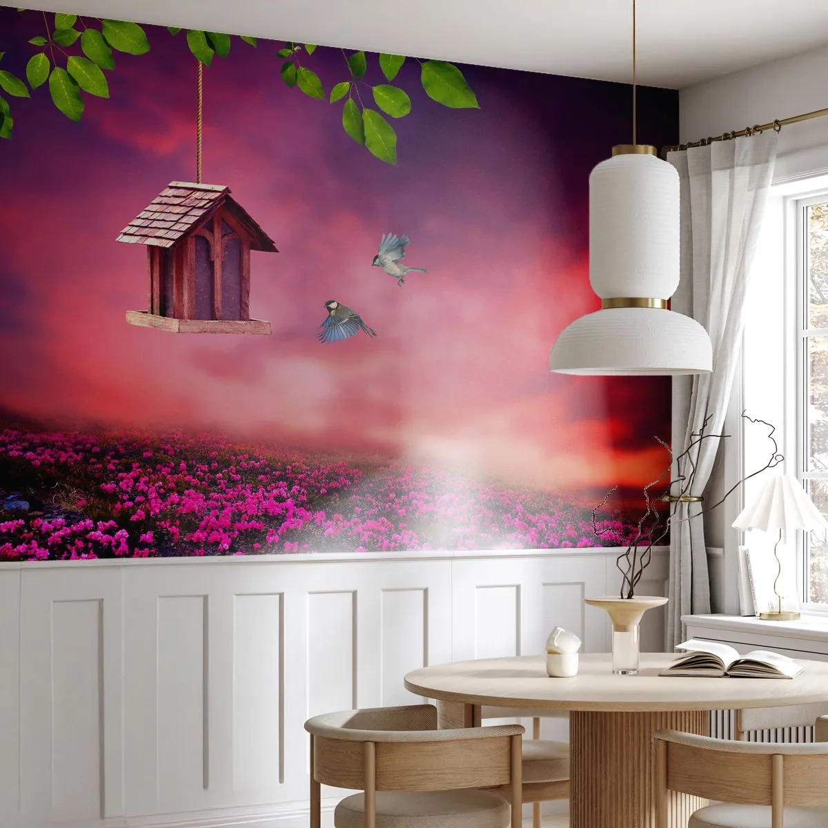 Zelfklevend Fotobehang Deluxe Sticker - Uitnodiging voor het avondeten - Landschap, Bloemen, Vogelhuis - 350x256 cm