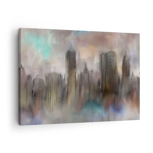 Schilderen op canvas - Een artistieke visie op een stedelijk landschap met wolkenkrabbers in pastelkleuren. - 70x50cm - Een compositie van staal, steen en mist - Moderne wanddecoratie voor woonkamer en slaapkamer ARTTOR