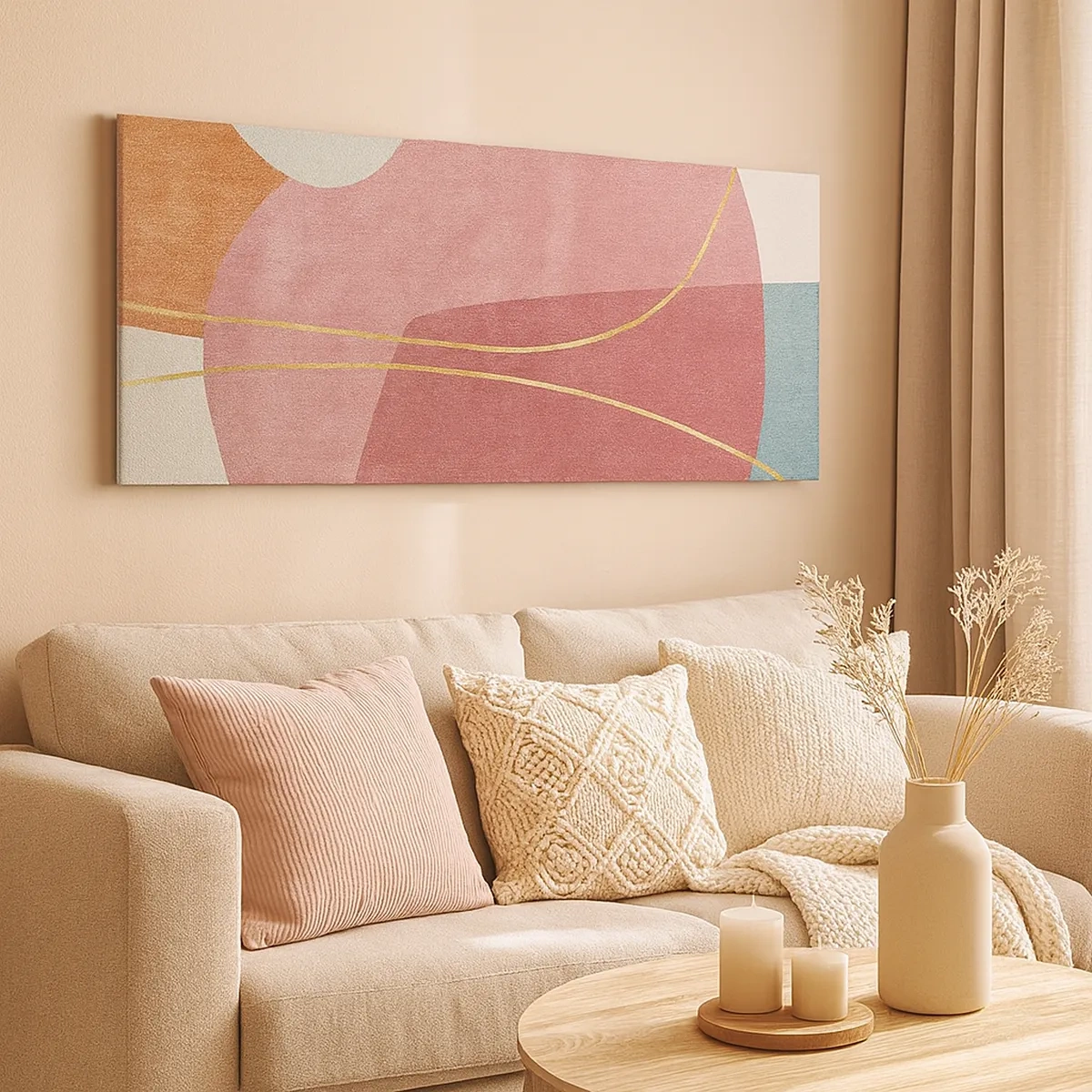 Schilderen op canvas - Pastelkleurcompositie met gouddraad - 30x30 cm