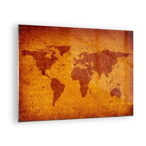 Schilderen op glas - Een wereldkaart in warme, sepia-getinte kleuren - 70x50cm - Een uitnodiging om op reis te gaan - Moderne wanddecoratie voor woonkamer en slaapkamer ARTTOR
