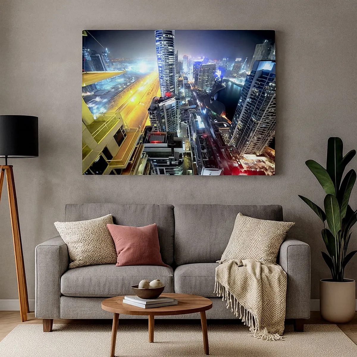 Schilderen op canvas - Panorama van de nachtelijke stad met verlichte wolkenkrabbers - 70x50cm - Een wonder in de woestijn - Moderne wanddecoratie voor woonkamer en slaapkamer ARTTOR