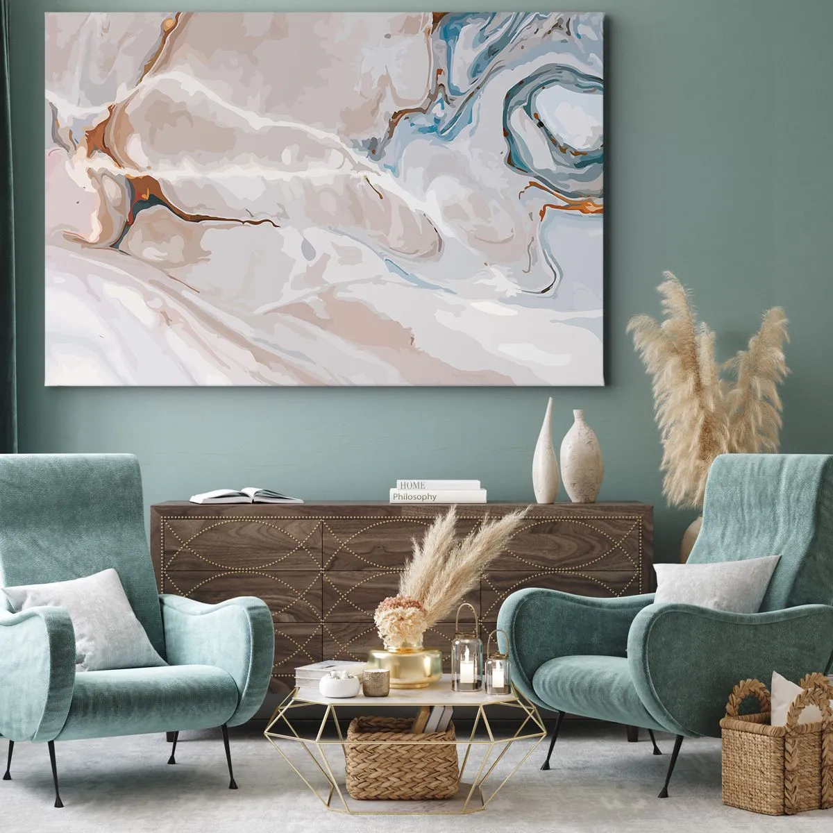 Schilderen op canvas - Abstract patroon in tinten wit en blauw - 70x50cm - Blauw kronkelt onder het wit - Moderne wanddecoratie voor woonkamer en slaapkamer ARTTOR
