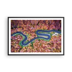 Poster in een zwarte lijst - Een kronkelende weg door het bos - 91x61 cm