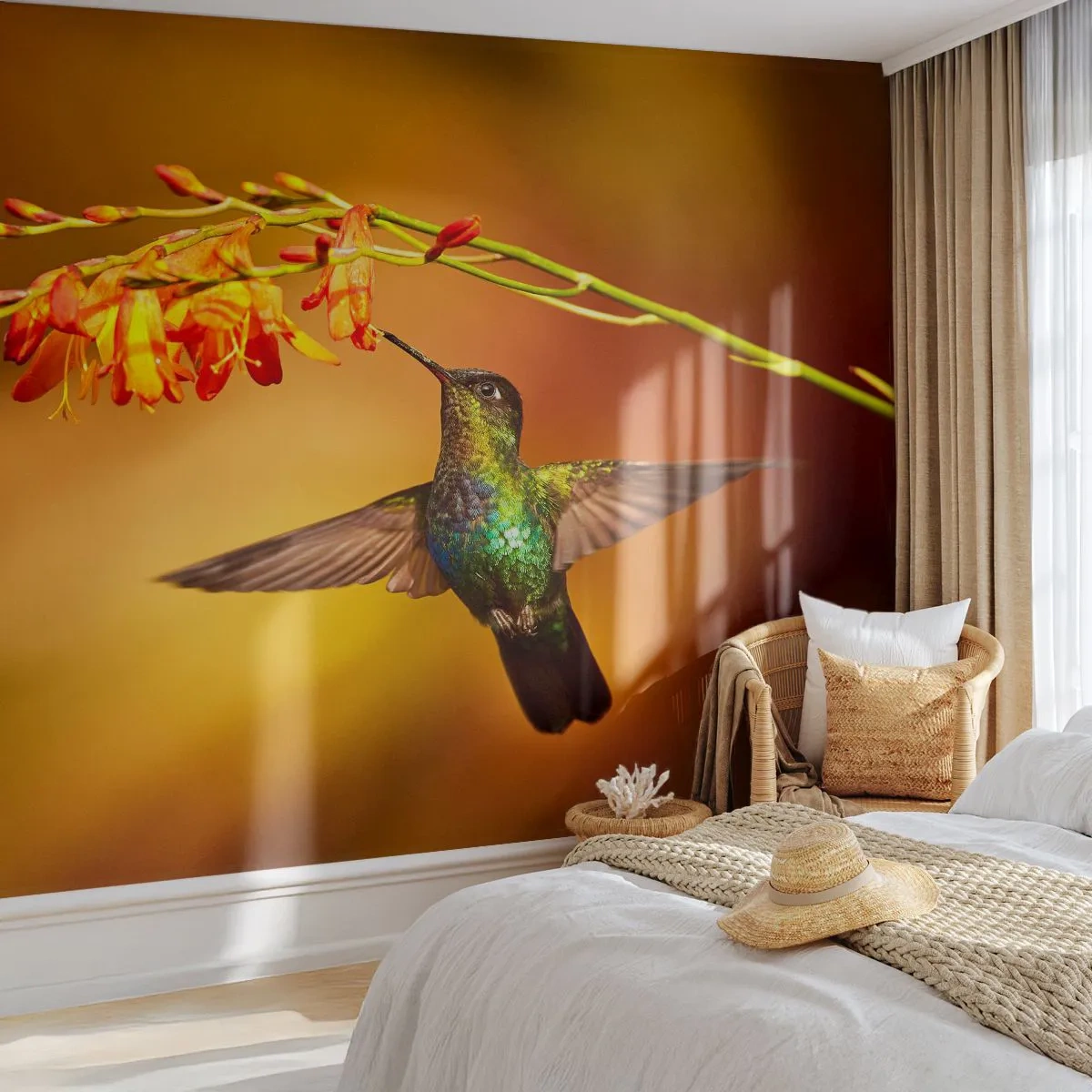Fotobehang Premium Sand - Een boodschapper van licht volgens de Maya - Kolibrie, Vogel, Natuur - 200x140 cm