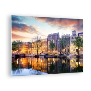 Schilderen op glas - Amsterdamse gracht bij zonsondergang met weerspiegeling in het water - 70x50cm - Ingetogen en serene Nederlandse schoonheid - Moderne wanddecoratie voor woonkamer en slaapkamer ARTTOR