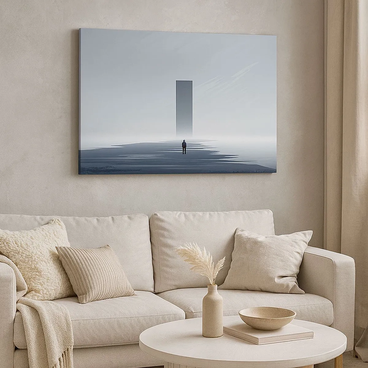 Schilderen op canvas - Een minimalistisch landschap met een silhouet naast een rechthoekige monoliet - 70x50cm - Kans of bedreiging? - Moderne wanddecoratie voor woonkamer en slaapkamer ARTTOR