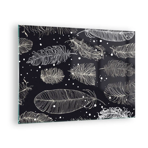Schilderen op glas - Witte veren op een zwarte achtergrond met subtiele details - 70x50cm - Gevederde kant - Moderne wanddecoratie voor woonkamer en slaapkamer ARTTOR