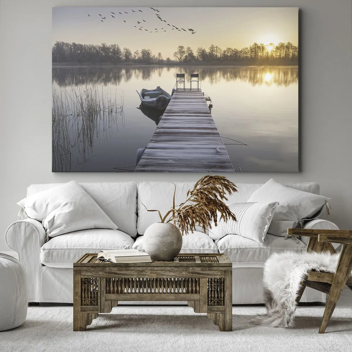 Schilderen op canvas - Een pier aan het meer in de ochtend met een boot en stoelen - 70x50cm - Ik ben zo terug - Moderne wanddecoratie voor woonkamer en slaapkamer ARTTOR