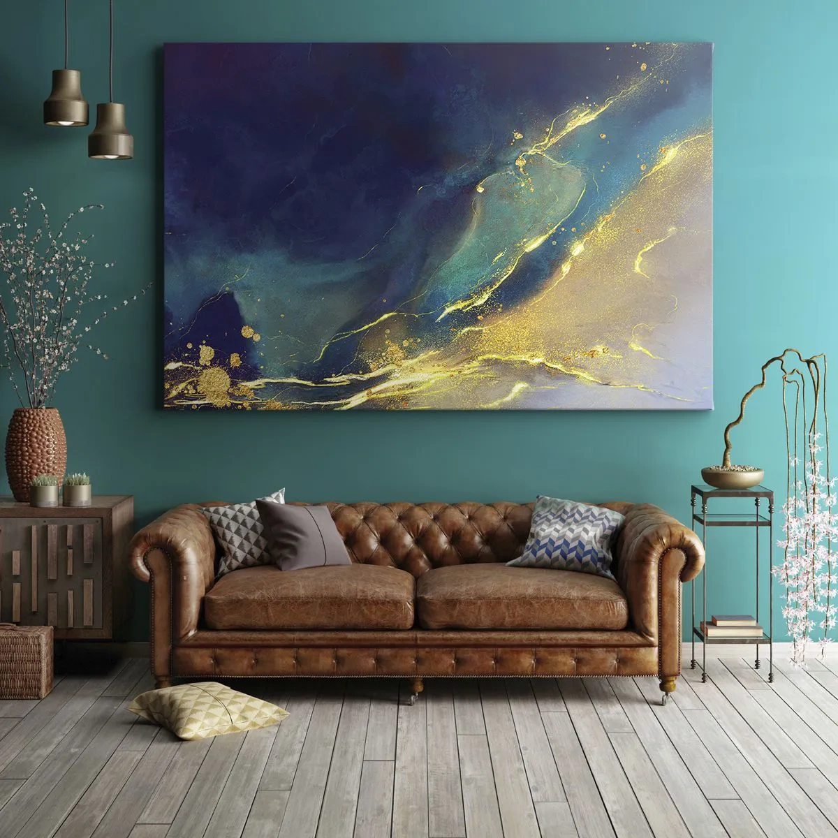 Schilderen op canvas - Abstracte compositie in tinten blauw en goud op canvas - 70x50cm - De gouden poel - Moderne wanddecoratie voor woonkamer en slaapkamer ARTTOR