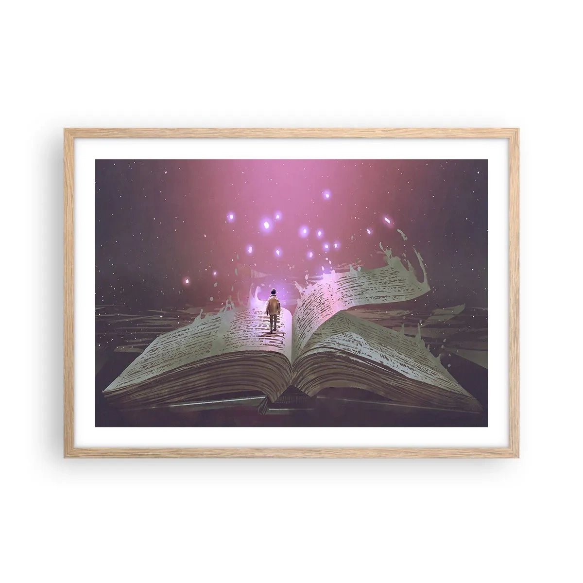 Een poster in een licht eiken lijst - Uitnodiging voor een andere wereld - lees! - 70x50 cm