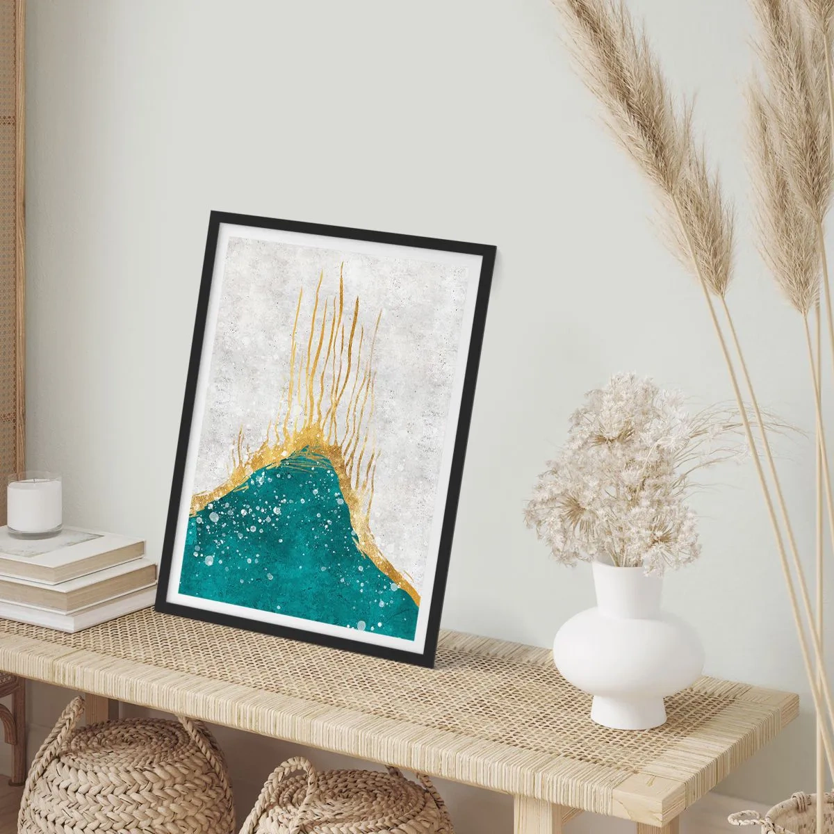 Poster in een zwarte lijst - Abstracte goud- en blauwcompositie - 50x70cm - Gouden vloed - Moderne wanddecoratie voor woonkamer en slaapkamer ARTTOR