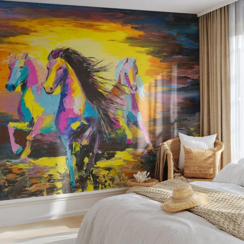 Fotobehang Premium Sand - Ondergedompeld in de regenboog - Dieren, Paarden, Vrijheid - 300x210 cm