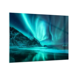 Schilderen op glas - Aurora Borealis boven een berglandschap en bevroren zee - 70x50cm - Wonderen van het Noorden - Moderne wanddecoratie voor woonkamer en slaapkamer ARTTOR