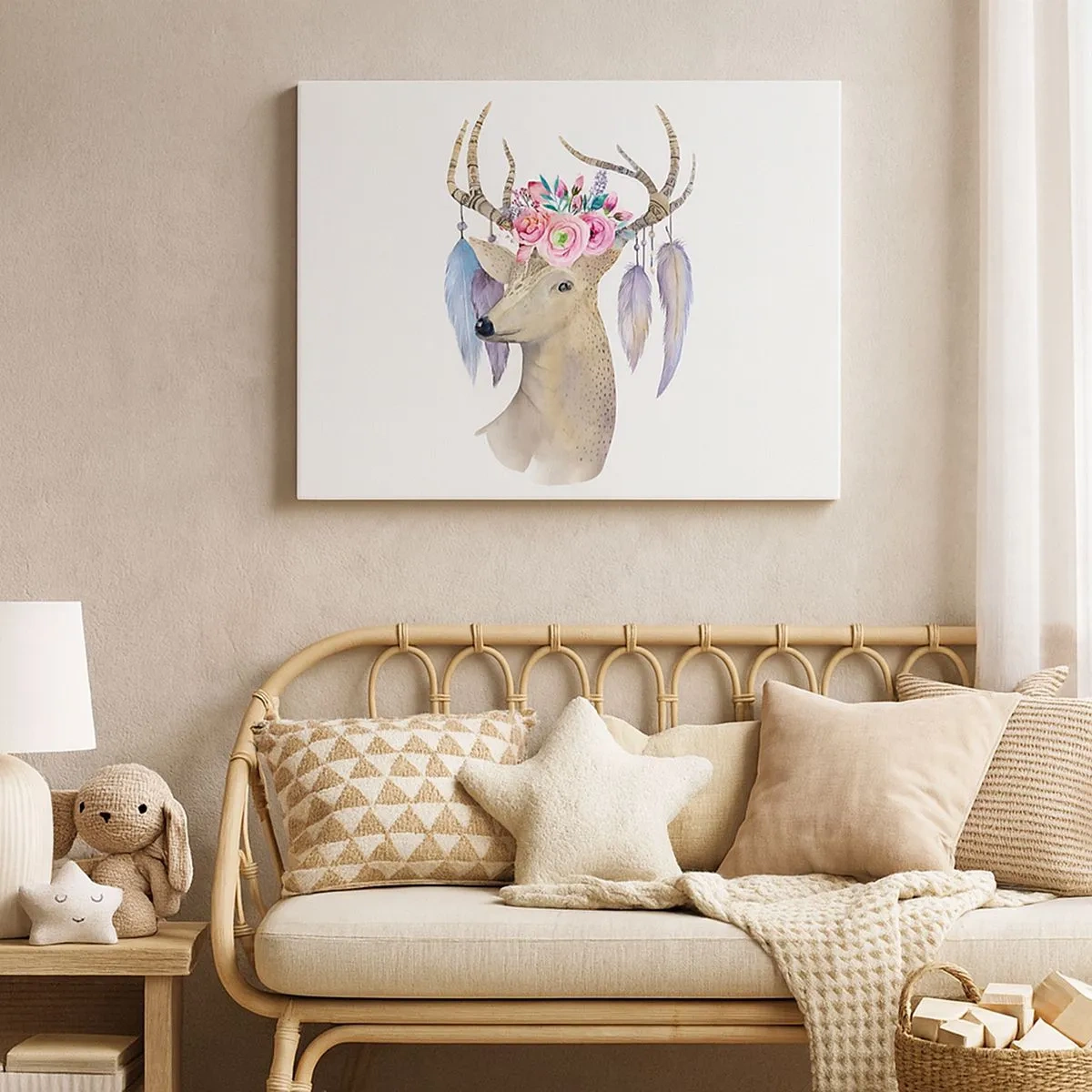 Schilderen op canvas - Romantische hertenafbeelding met bloemen en veren - 70x50cm - Zielgids - zachtaardig, onschuldig - Moderne wanddecoratie voor woonkamer en slaapkamer ARTTOR