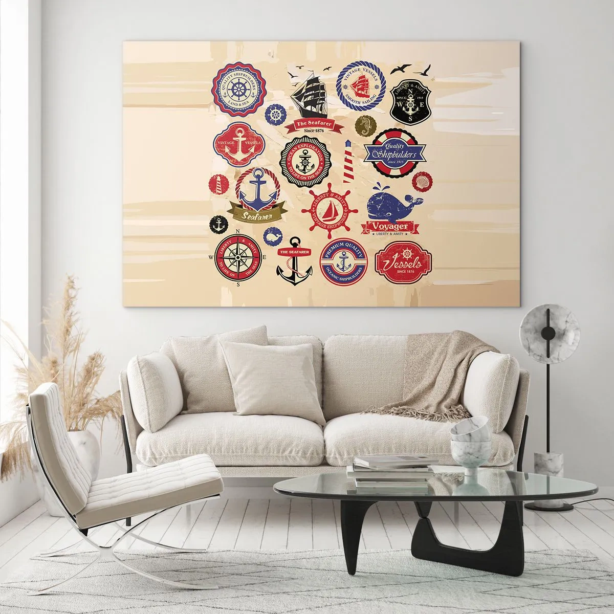Schilderen op glas - Nautische emblemen en symbolen op een beige achtergrond - 70x50cm - Zeilende broederschap - Moderne wanddecoratie voor woonkamer en slaapkamer ARTTOR