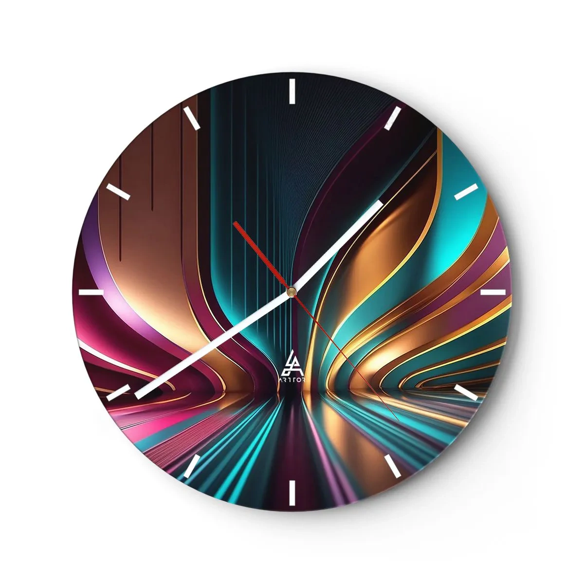 Wandklok - Klok - Futuristische lichtlijnen in goud, turquoise en paars - 30x30cm - Architectuur van licht - Moderne wanddecoratie voor woonkamer, keuken en slaapkamer ARTTOR