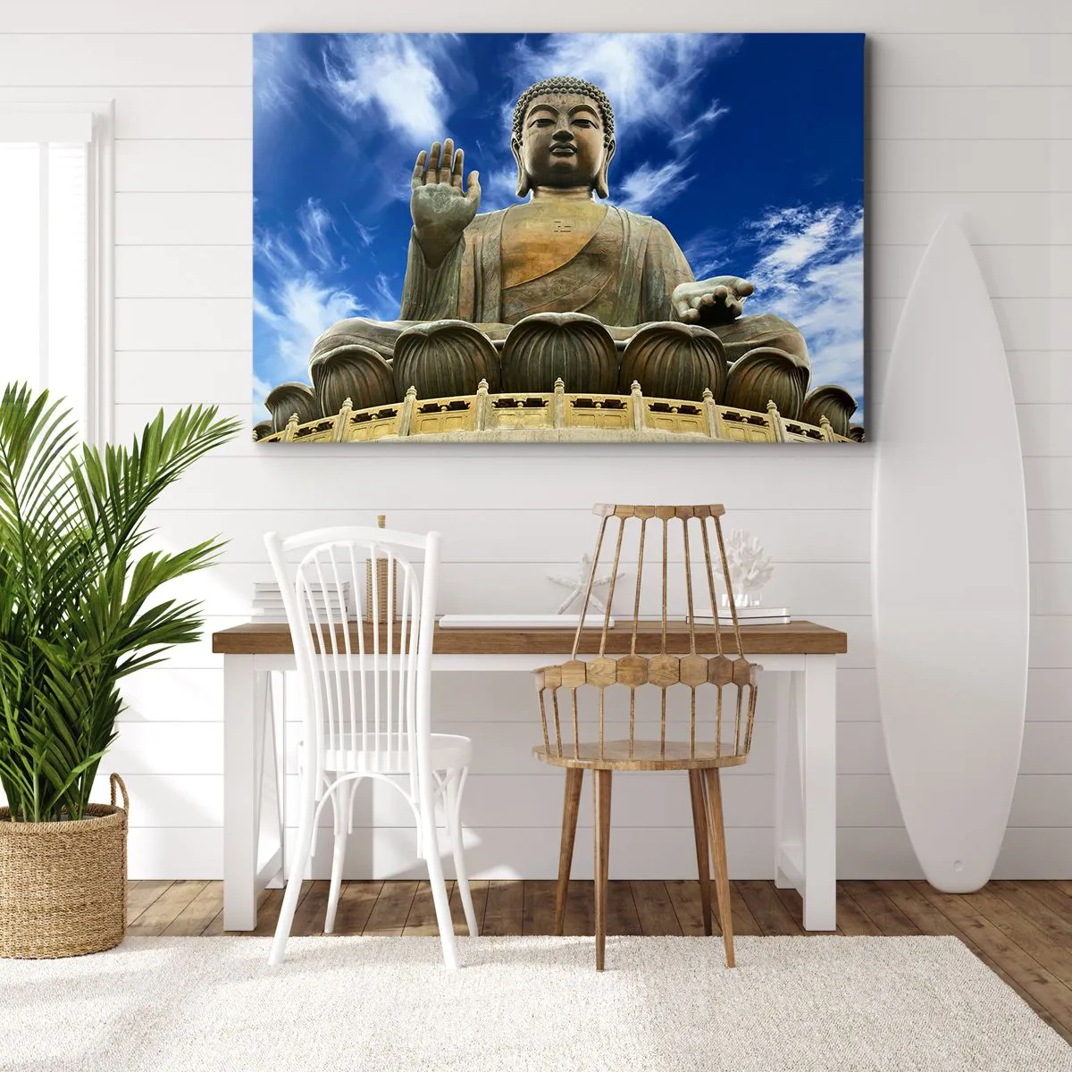 Schilderen op canvas - Een monumentaal Boeddhabeeld tegen een blauwe lucht met wolken - 70x50cm - Leef zonder angst - Moderne wanddecoratie voor woonkamer en slaapkamer ARTTOR