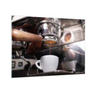 Schilderen op glas - Close-up van een kopje koffie dat uit een snelkoffiezetapparaat wordt gegoten - 70x50cm - Goede tijd van de dag - Moderne wanddecoratie voor woonkamer en slaapkamer ARTTOR