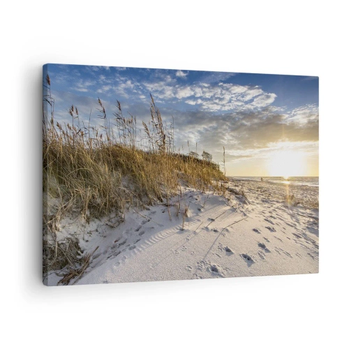 Schilderen op canvas - Duinen met gras en voetafdrukken in het zand bij zonsondergang - 70x50cm - Een uitnodiging voor een wandeling - Moderne wanddecoratie voor woonkamer en slaapkamer ARTTOR
